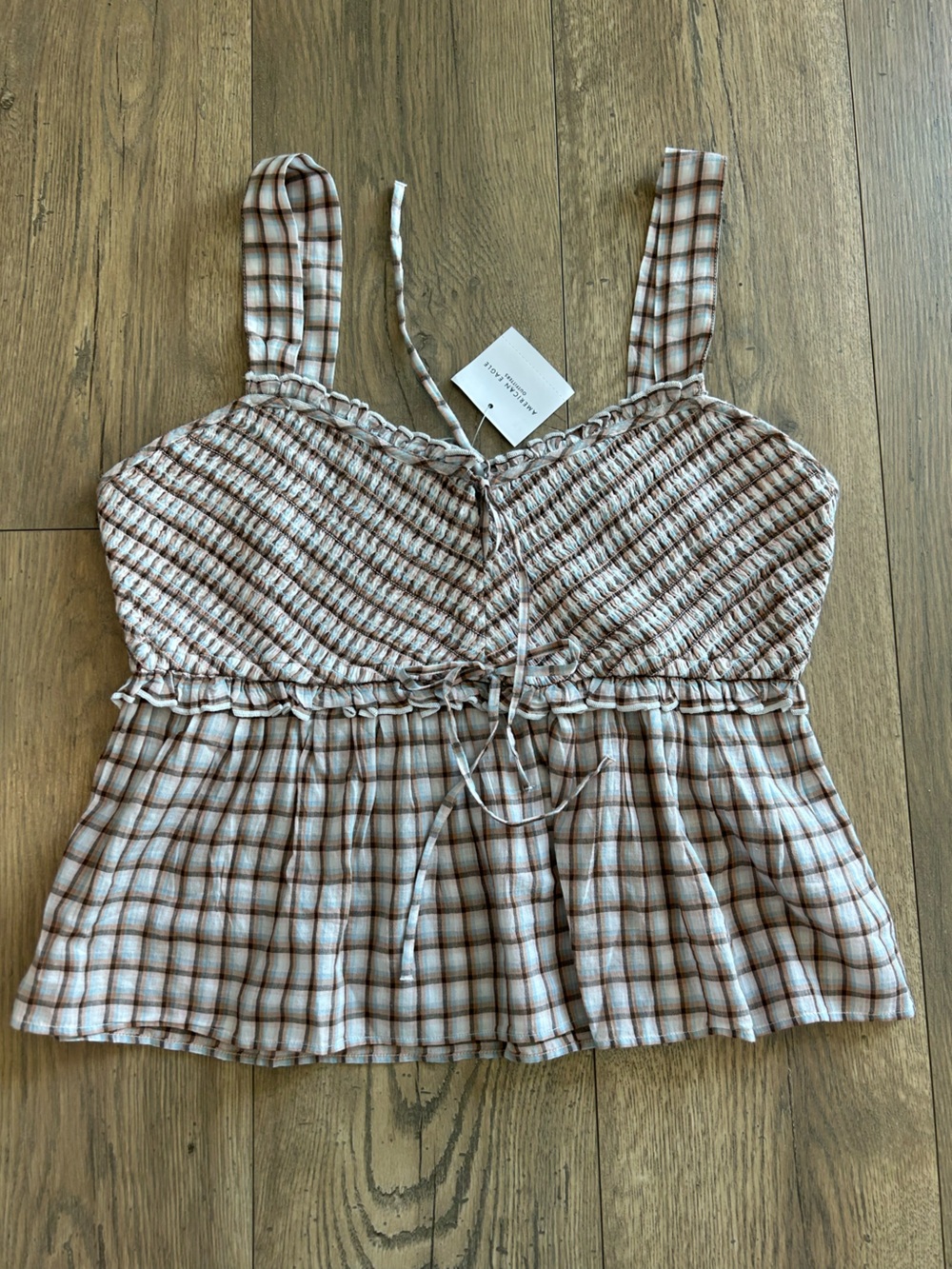 🦅 American Eagle Outfitters Plaid Smocked Peplum Tank - Beige & Brown
